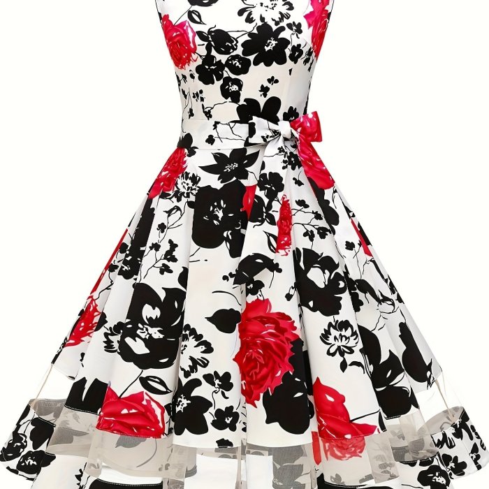 Elegant Floral Bridesmaid Dress 1950s Vintage Tea Length Cotton Blend with Spandex, Crew Neck, A-Line Swing Cocktail Party Dress - Woven Polyester Middle East Style for Adults