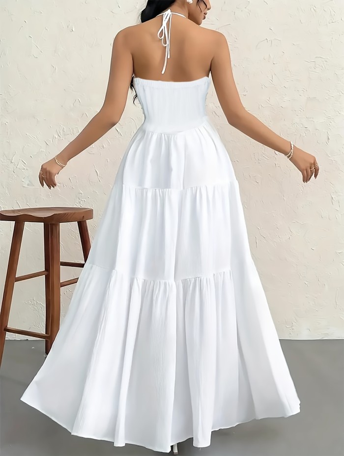 Deep V Neck Halter Dress, Vacation Tied Backless Maxi Dress For Spring & Summer, Women's Clothing