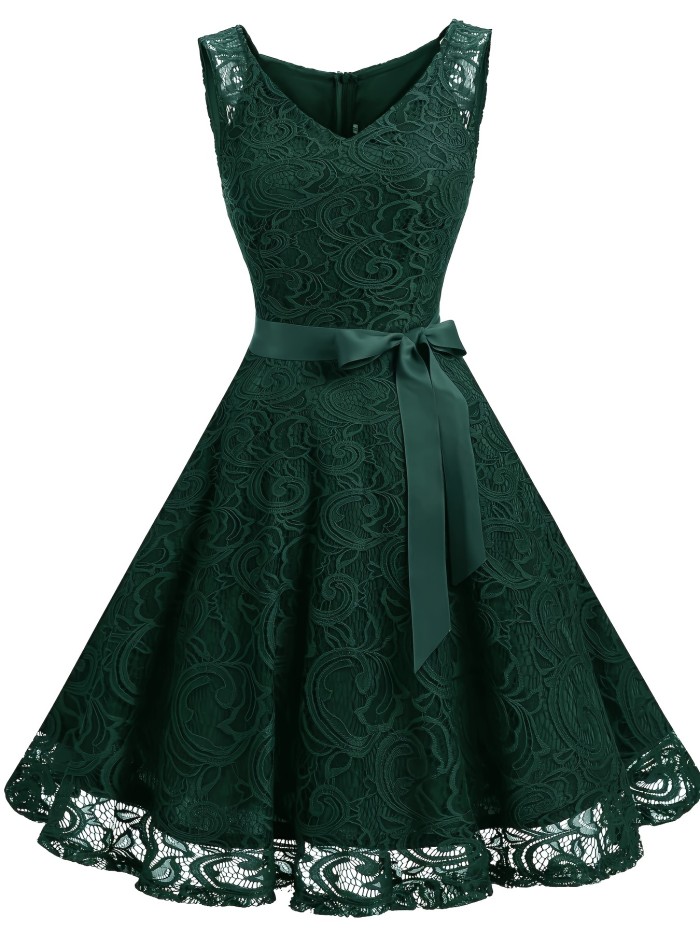 V Neck Tie-waist Lace Dress, Elegant Sleeveless Flared Swing Bridesmaid Dress, Women's Clothing