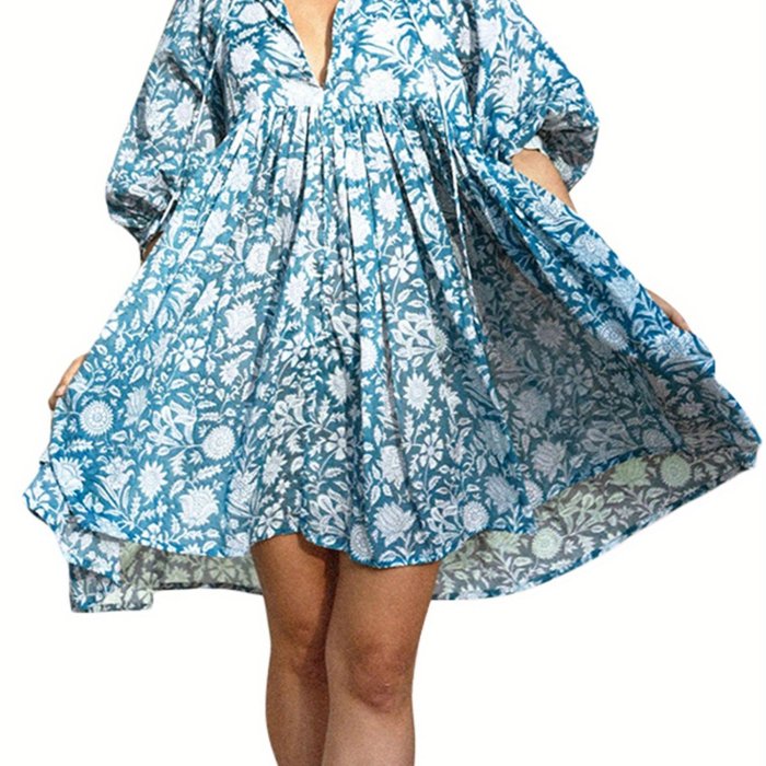 Floral Print Tied V Neck Dress, Boho Puff Sleeve Ruffle Sleeve Loose Beach Dress, Women's Clothing