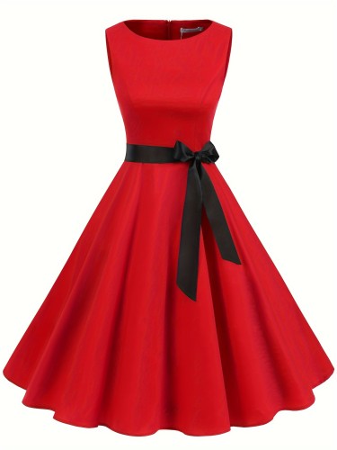 Lace Up Flared Crew Neck Bridesmaid Dress, Elegant Sleeveless Dress For Wedding Party, Women's Clothing