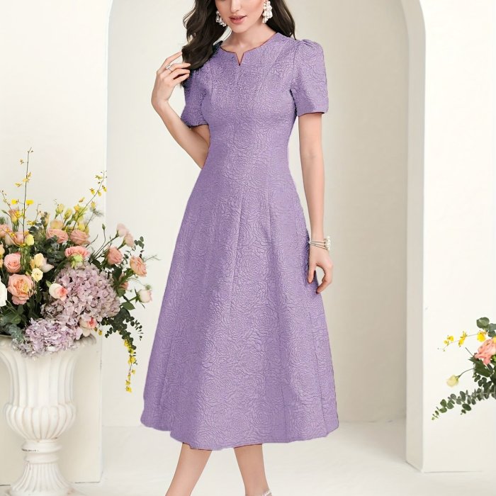 Floral Pattern Notch Neck Dress, Elegant Solid Short Sleeve Midi Dress For Spring & Summer, Women's Clothing