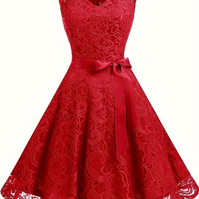 V Neck Tie-waist Lace Dress, Elegant Sleeveless Flared Swing Bridesmaid Dress, Women's Clothing