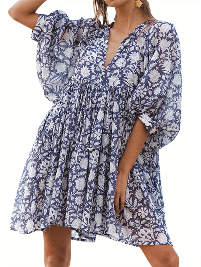 Floral Print Tied V Neck Dress, Boho Puff Sleeve Ruffle Sleeve Loose Beach Dress, Women's Clothing