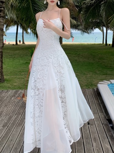 Guipure Lace Backless Cami Dress, Elegant Sleeveless Mesh Stitching Wedding Dress For Spring & Summer, Women's Clothing