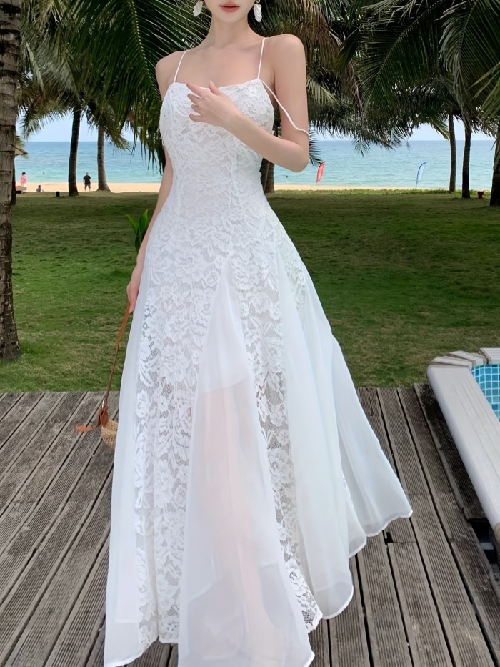 Guipure Lace Backless Cami Dress, Elegant Sleeveless Mesh Stitching Wedding Dress For Spring & Summer, Women's Clothing