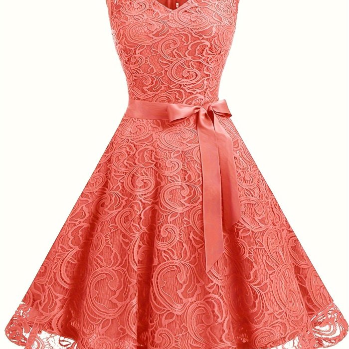 V Neck Tie-waist Lace Dress, Elegant Sleeveless Flared Swing Bridesmaid Dress, Women's Clothing