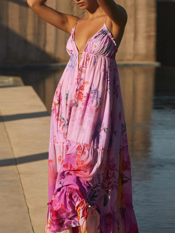 Floral Print Spaghetti Strap Dress, Vacation Style Backless A-line Flowy Maxi Dress For Spring & Summer, Women's Clothing