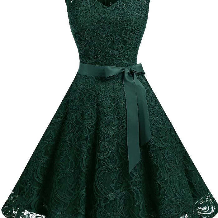 V Neck Tie-waist Lace Dress, Elegant Sleeveless Flared Swing Bridesmaid Dress, Women's Clothing