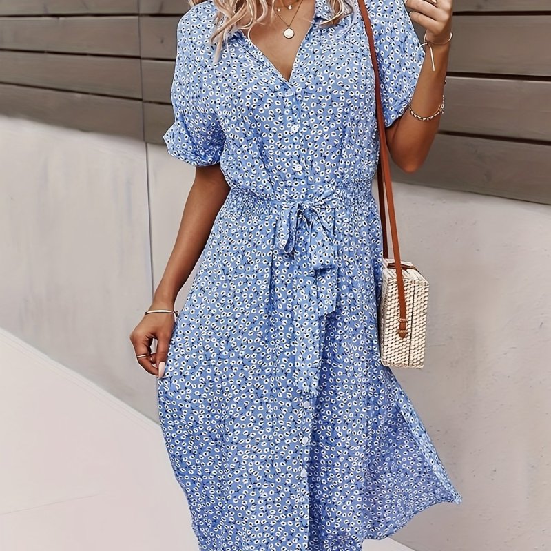 Plus Size Bohemian Print Lapel Neck Dress, Casual Short Sleeve Button Front Belt Dress For Spring & Summer, Women's Plus Size Clothing