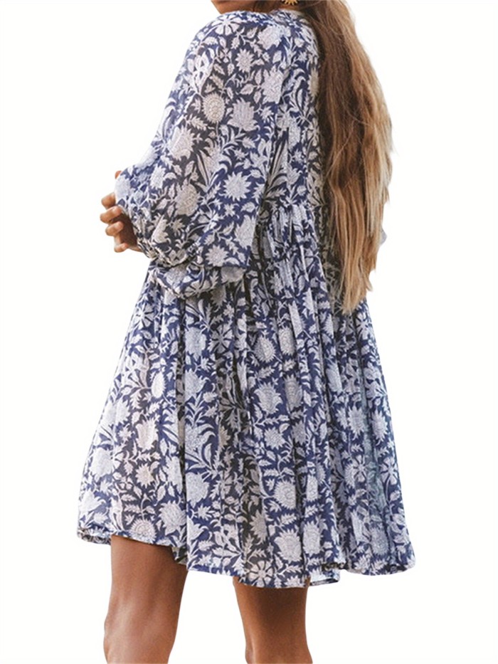 Floral Print Tied V Neck Dress, Boho Puff Sleeve Ruffle Sleeve Loose Beach Dress, Women's Clothing