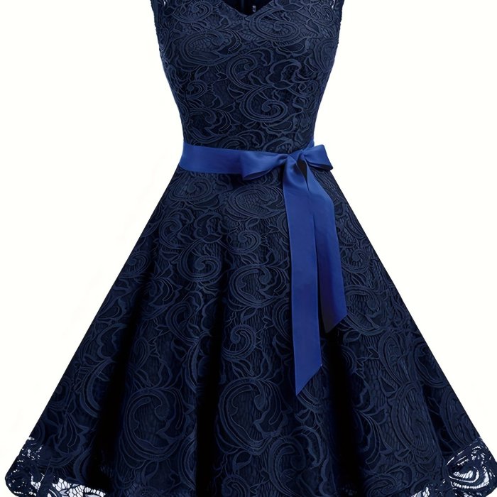 V Neck Tie-waist Lace Dress, Elegant Sleeveless Flared Swing Bridesmaid Dress, Women's Clothing