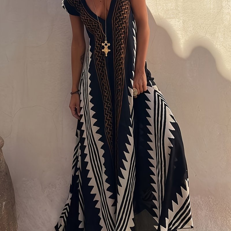 Women's Summer Maxi Dress Vintage Printed Ethnic Style Dress Casual Boho V Neck Short Sleeve Beach Long Dresses