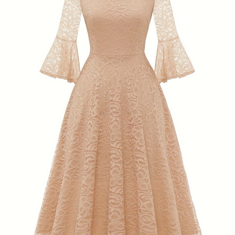 Contrast Guipure Lace Flared Dress, Elegant Bell Sleeve Crew Neck Dress For Party, Women's Clothing