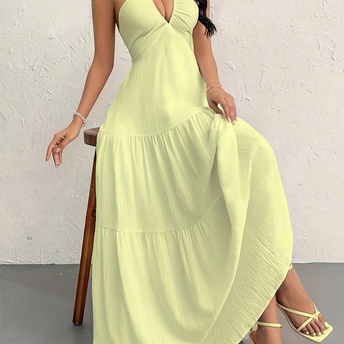 Deep V Neck Halter Dress, Vacation Tied Backless Maxi Dress For Spring & Summer, Women's Clothing