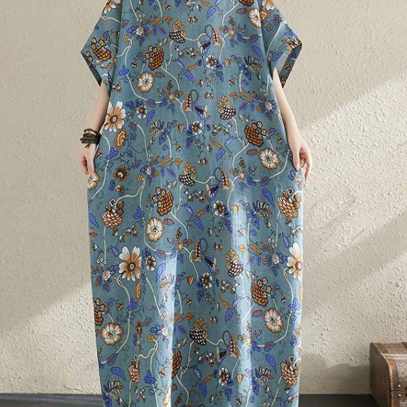 Bohemian Print Beach Dress with V-Neck, Short Sleeves, and Pockets - Adult Size, Viscose Fabric, Spring\u002FSummer\u002FAutumn Season