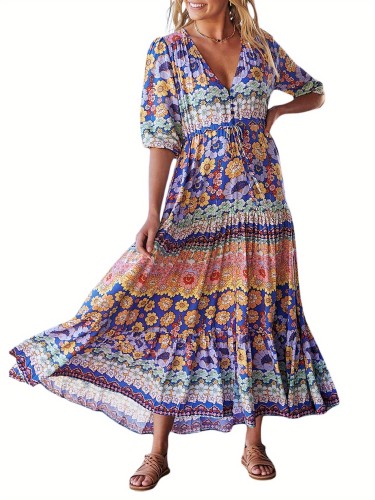 Floral Print V Neck Maxi Dress, Boho Short Sleeve Tied Waist Split Flowy Dress For Spring & Summer, Women's Clothing