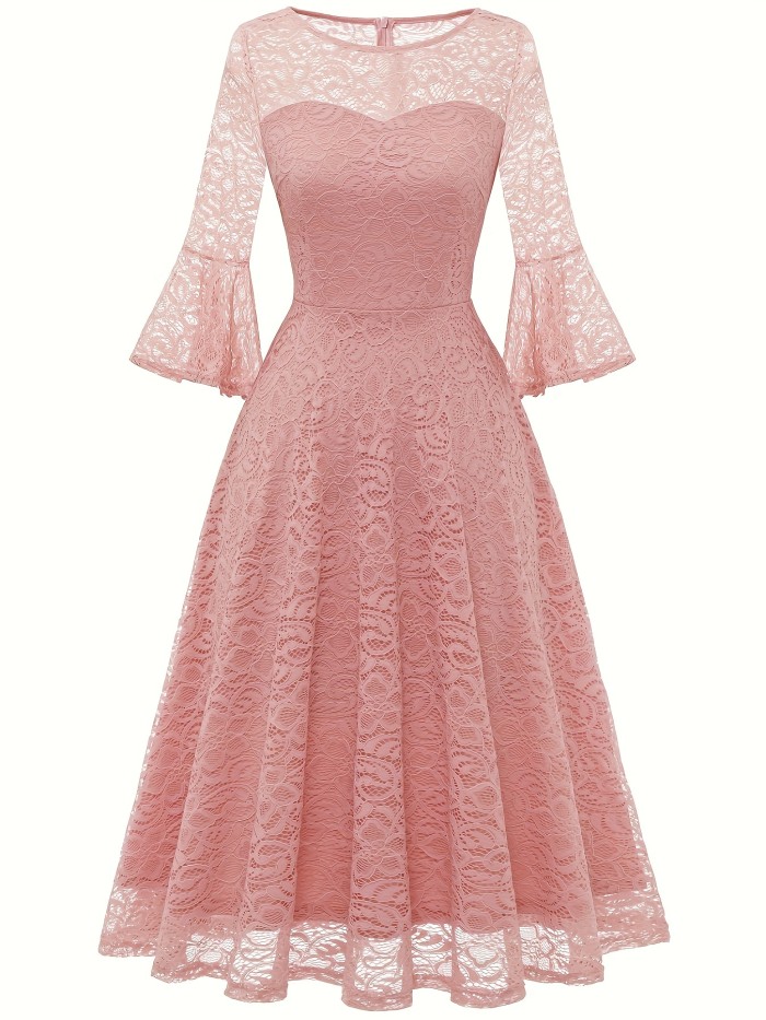 Contrast Guipure Lace Flared Dress, Elegant Bell Sleeve Crew Neck Dress For Party, Women's Clothing