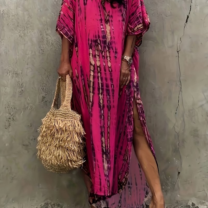 Women's Plus Boho Lounge Dress, Plus Size Tie Dye Striped Batwing Sleeve V Neck Oversized Kaftan Sleep Dress