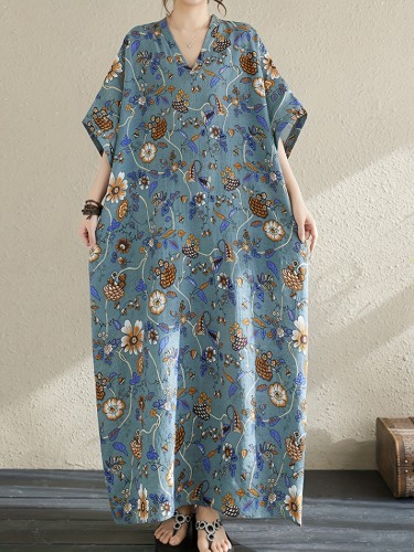 Bohemian Print Beach Dress with V-Neck, Short Sleeves, and Pockets - Adult Size, Viscose Fabric, Spring\u002FSummer\u002FAutumn Season