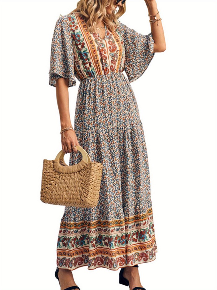 Women's Casual Dress Boho Print Design Short Sleeve V Neck Summer Beach Vacation Elegant Dress