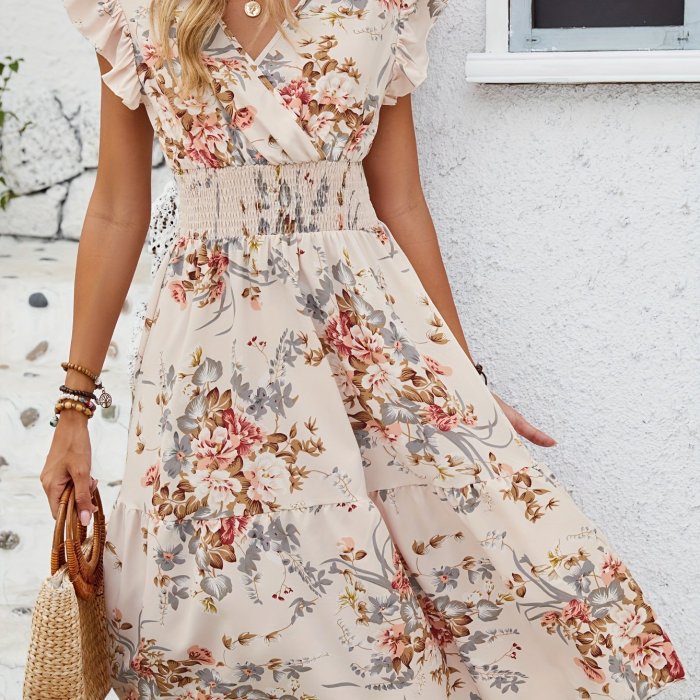 Elegant Peplum A-Line Dress with Crisscross Neck - Shirred Waist, Micro Elasticity, Semi-Sheer, Floral Random Print - Machine Washable, Customized, Spring\u002FSummer Womens Clothing