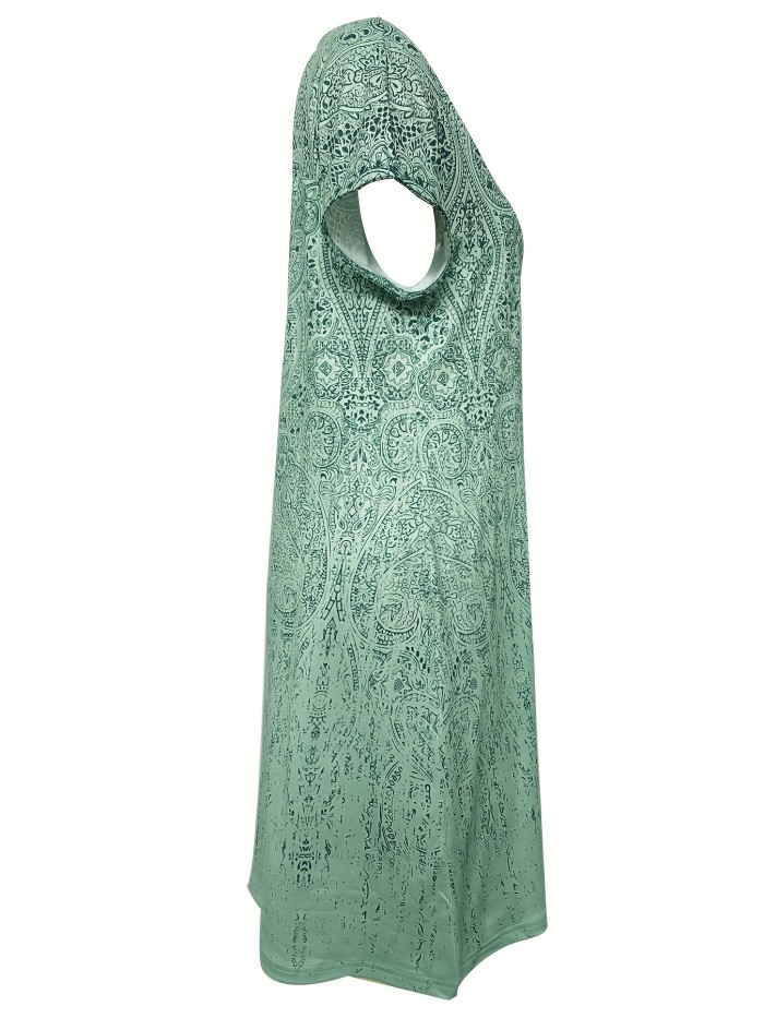 Paisley Print Loose Dress, Vintage Short Sleeve Dress For Spring & Summer, Women's Clothing