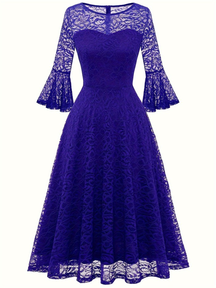 Contrast Guipure Lace Flared Dress, Elegant Bell Sleeve Crew Neck Dress For Party, Women's Clothing