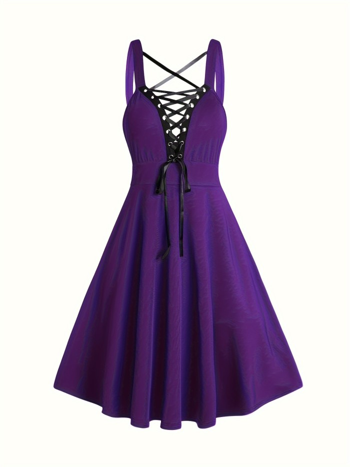 Corset Flared Crisscross Strap Dress, Punk Sleeveless Dress For Spring & Summer, Women's Clothing