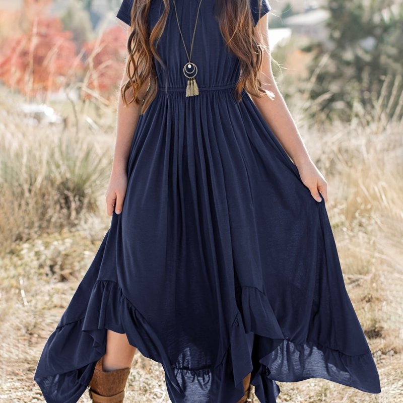 Girls Floral Lace Backless Asymmetrical Ruffle Hem Holiday Casual Maxi Dress With Pockets