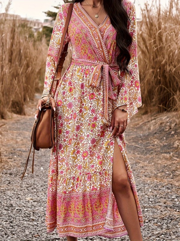 Women's Bohemian Floral Print Long Sleeve Wrap Dress With Side Slit And Belted Waist