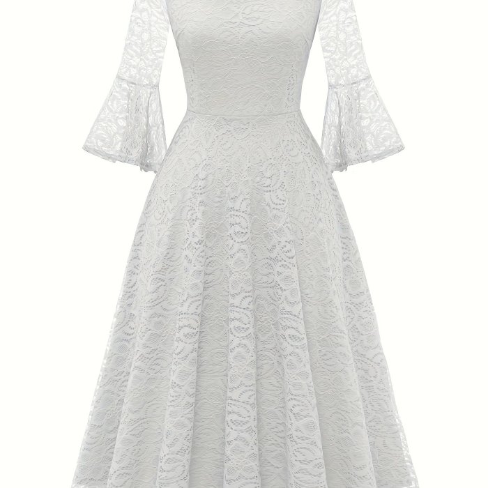Contrast Guipure Lace Flared Dress, Elegant Bell Sleeve Crew Neck Dress For Party, Women's Clothing