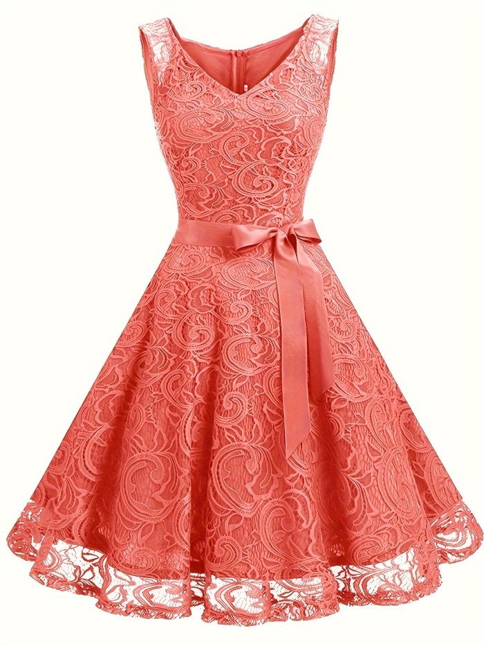 V Neck Tie-waist Lace Dress, Elegant Sleeveless Flared Swing Bridesmaid Dress, Women's Clothing