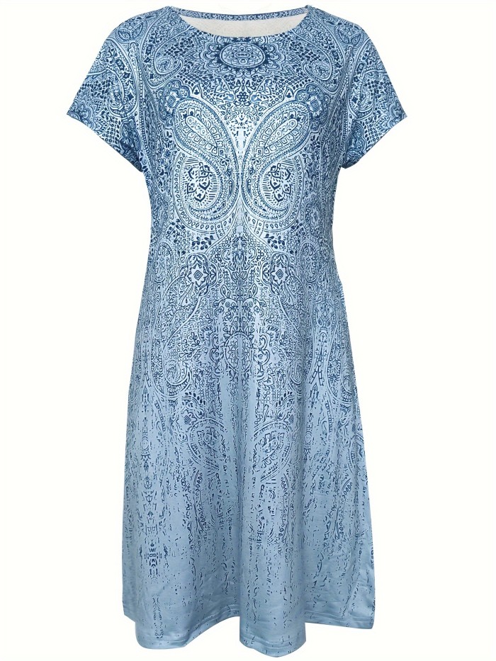 Paisley Print Loose Dress, Vintage Short Sleeve Dress For Spring & Summer, Women's Clothing