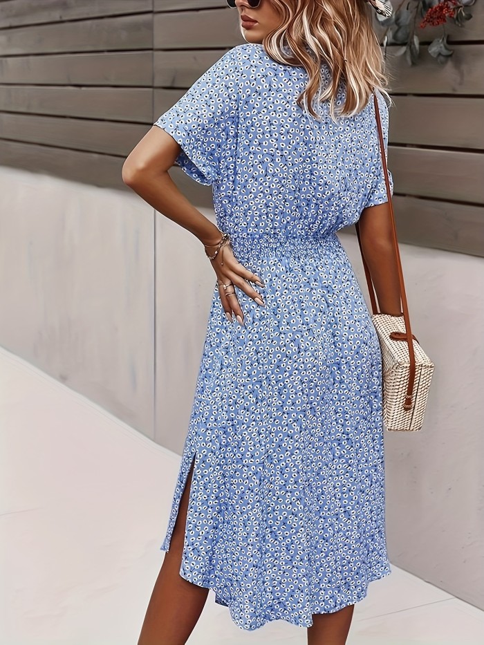 Plus Size Bohemian Print Lapel Neck Dress, Casual Short Sleeve Button Front Belt Dress For Spring & Summer, Women's Plus Size Clothing