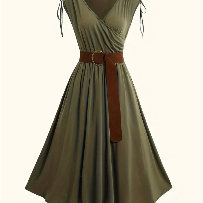 Stylish A-Line Dress - Crisscross Neck, Belted, Micro Elasticity, Sleeveless, Solid Color, Elegant Surplice Neckline, Machine Washable, Perfect for Spring, Summer, and Fall - Womens Clothing
