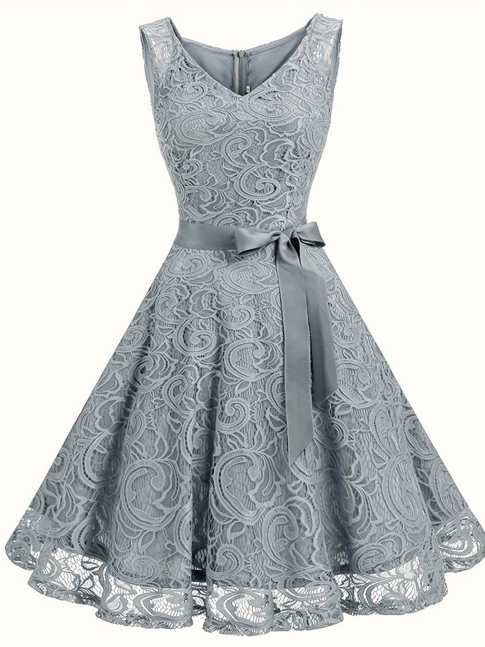 V Neck Tie-waist Lace Dress, Elegant Sleeveless Flared Swing Bridesmaid Dress, Women's Clothing