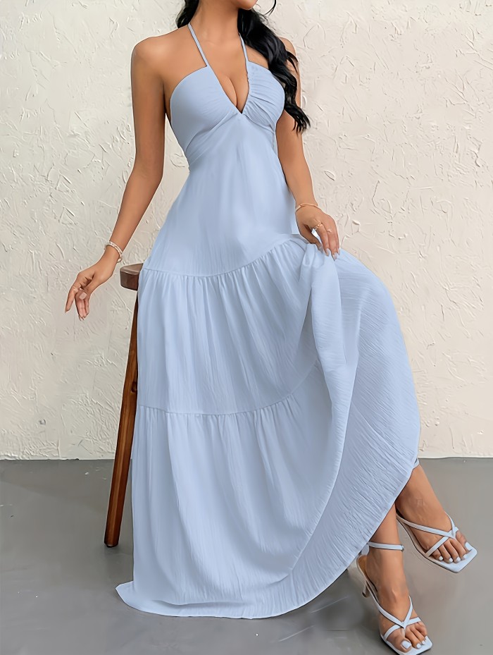 Deep V Neck Halter Dress, Vacation Tied Backless Maxi Dress For Spring & Summer, Women's Clothing