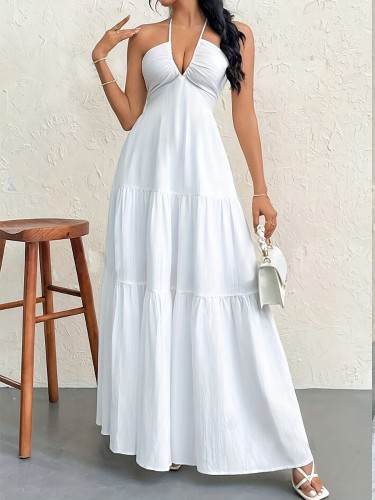 Deep V Neck Halter Dress, Vacation Tied Backless Maxi Dress For Spring & Summer, Women's Clothing