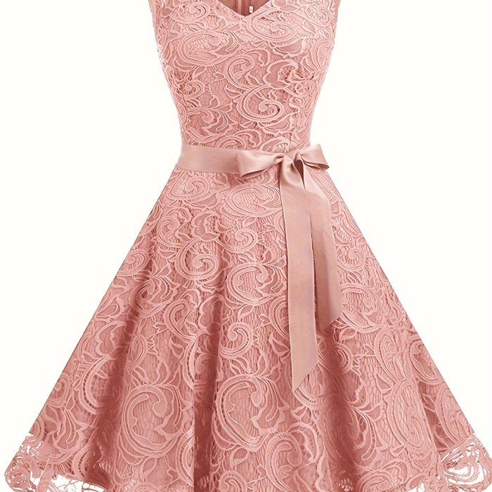 V Neck Tie-waist Lace Dress, Elegant Sleeveless Flared Swing Bridesmaid Dress, Women's Clothing
