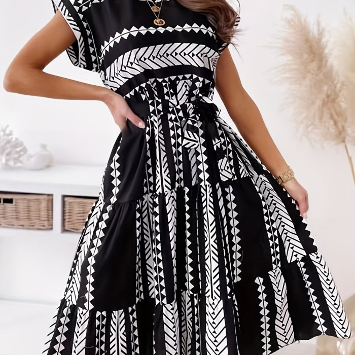 Vibrant Ethnic Print Cap Sleeve Midi Dress - Comfy Crew Neck, Flowy Silhouette, Perfect Vacation Wear for Women - Easy Care, Travel-Friendly Clothing