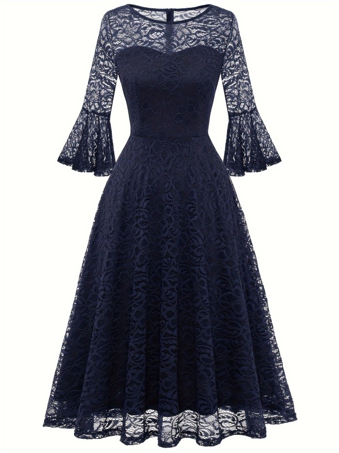 Contrast Guipure Lace Flared Dress, Elegant Bell Sleeve Crew Neck Dress For Party, Women's Clothing
