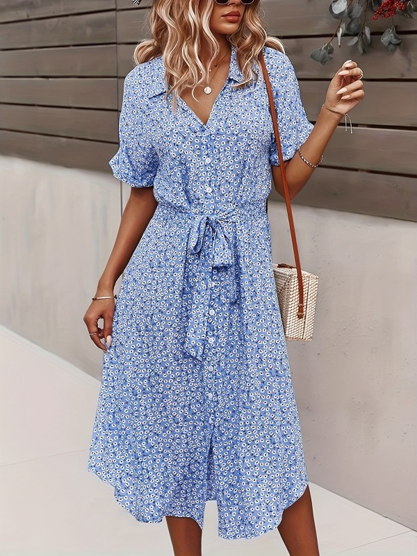 Plus Size Bohemian Print Lapel Neck Dress, Casual Short Sleeve Button Front Belt Dress For Spring & Summer, Women's Plus Size Clothing