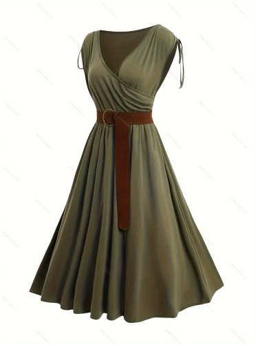 Stylish A-Line Dress - Crisscross Neck, Belted, Micro Elasticity, Sleeveless, Solid Color, Elegant Surplice Neckline, Machine Washable, Perfect for Spring, Summer, and Fall - Womens Clothing