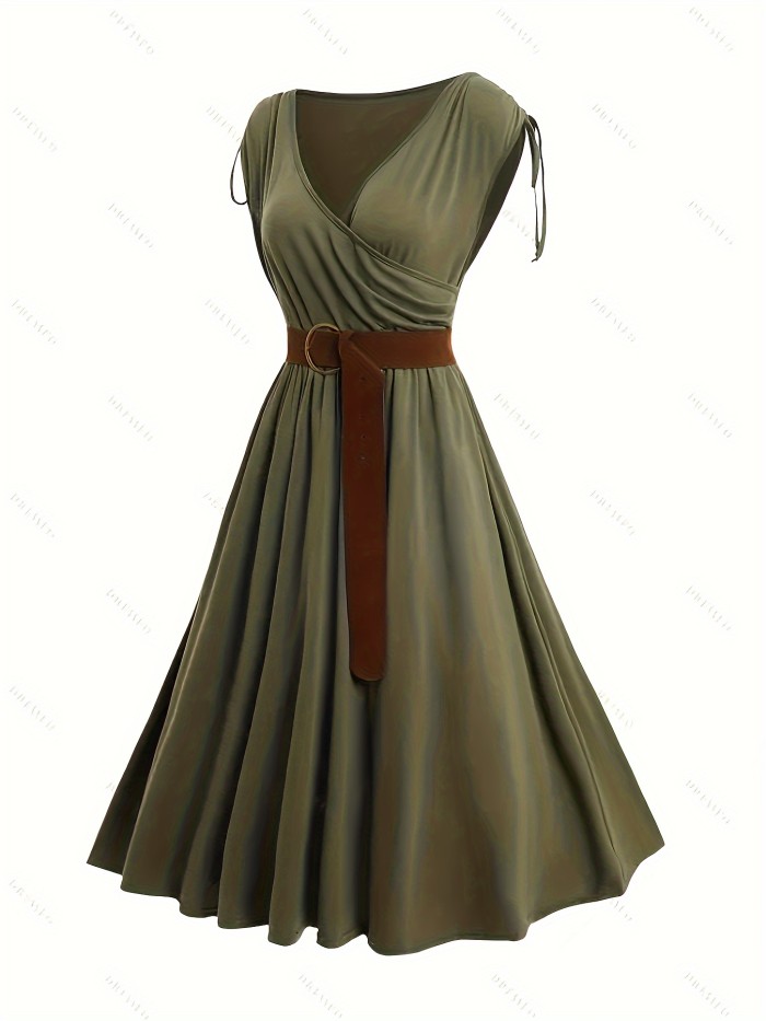 Stylish A-Line Dress - Crisscross Neck, Belted, Micro Elasticity, Sleeveless, Solid Color, Elegant Surplice Neckline, Machine Washable, Perfect for Spring, Summer, and Fall - Womens Clothing