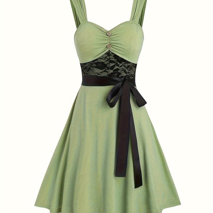 Contrast Lace Sweetheart Neck Tank Dress, Vintage Sleeveless A-line Tank Dress For Spring & Summer, Women's Clothing