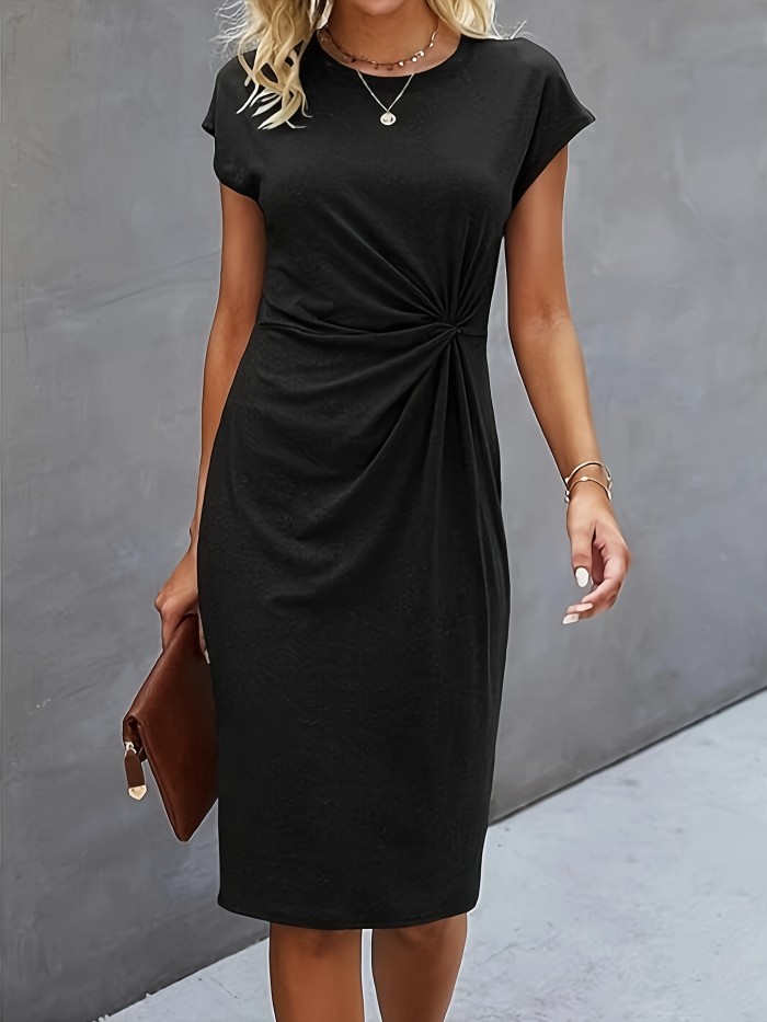 Twist Crew Neck Solid Dress, Casual Short Sleeve Dress For Spring & Summer, Women's Clothing