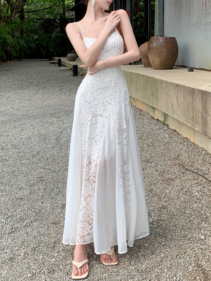 Guipure Lace Backless Cami Dress, Elegant Sleeveless Mesh Stitching Wedding Dress For Spring & Summer, Women's Clothing