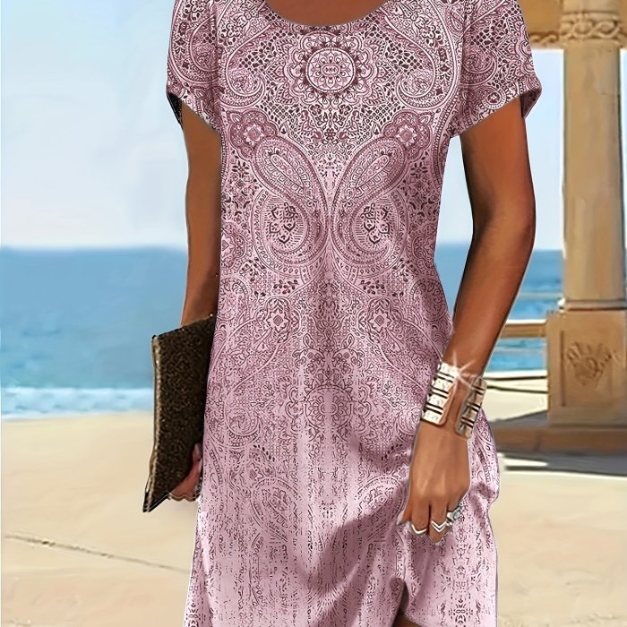 Paisley Print Loose Dress, Vintage Short Sleeve Dress For Spring & Summer, Women's Clothing