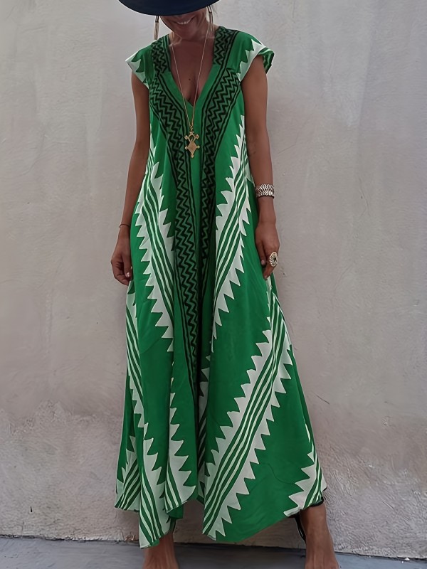 Women's Summer Maxi Dress Vintage Printed Ethnic Style Dress Casual Boho V Neck Short Sleeve Beach Long Dresses